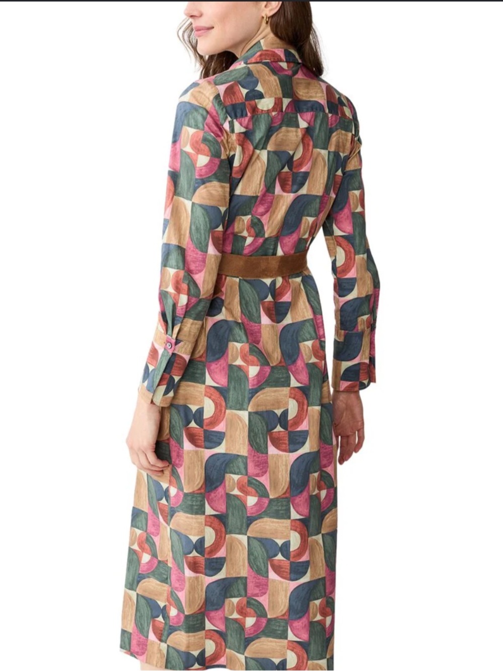 Long Sleeve Geometric Midi Wrap Dress in Pink, Green & Tan